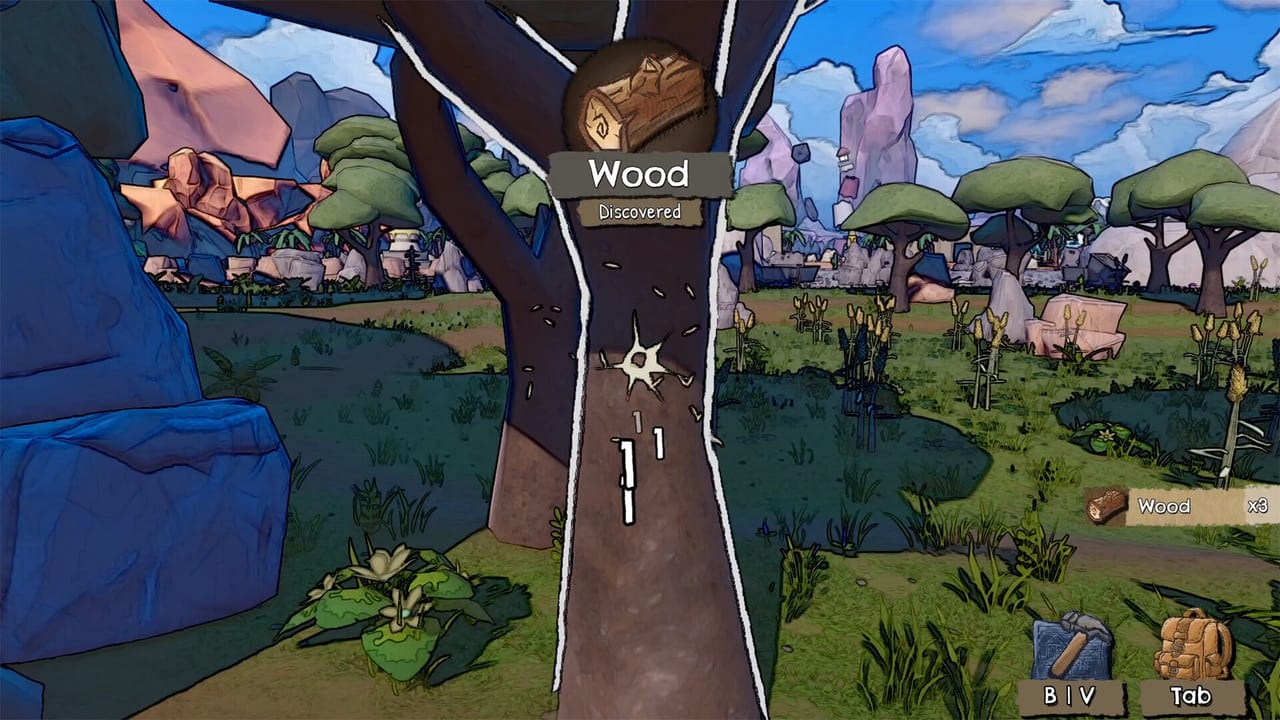 First-person Nightwater screenshot harvesting a stylized tree after discovering wood